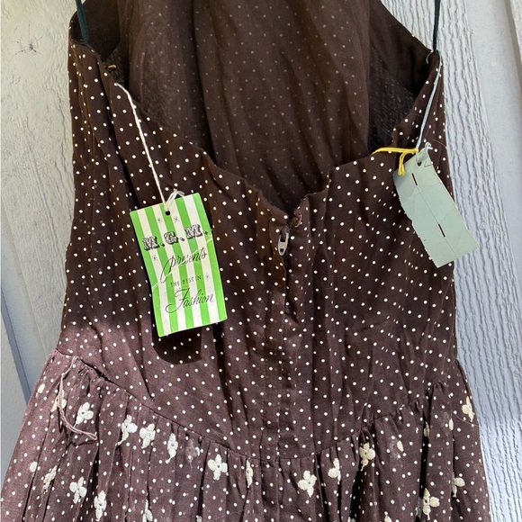 1970s M.G.M. Brown Polka Dot Halter Maxi Dress Prairie Embroidered Hem Sz 10 - Picture 15 of 16